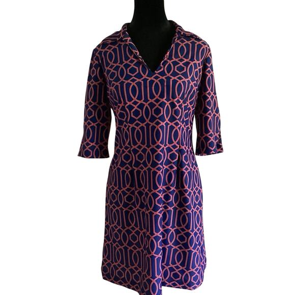 Jude Connally Michelle Dress Small Navy Geometric Stretch 3/4 Sleeve USA $268 - Picture 1 of 11